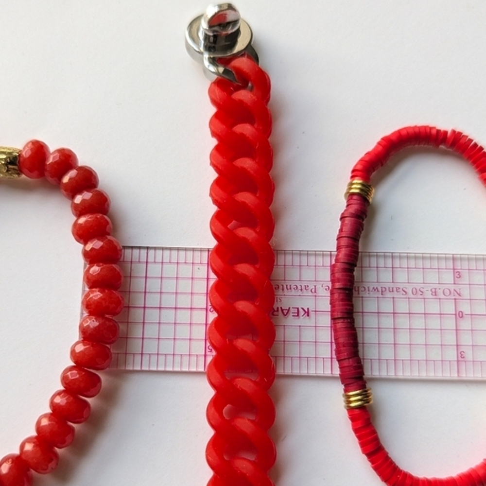 Rustic Cuff Set-3 Red Stacking Bracelets Silicone Links Polymer Clay Coral Beads - Picture 6 of 6